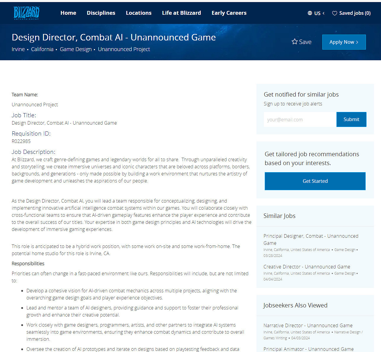 暴雪開發新神秘3A遊戲 目前正招募大量高級職位