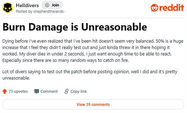《絕地戰兵2》玩家吐槽最新調整：火焰傷害很不合理