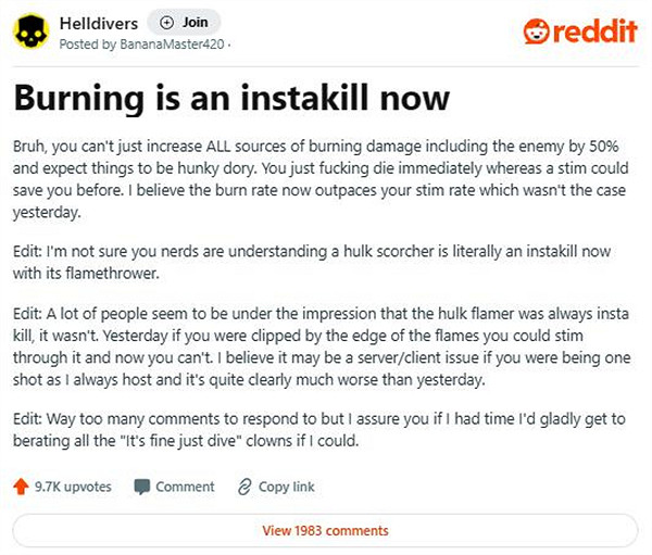 《絕地戰兵2》玩家吐槽最新調整：火焰傷害很不合理