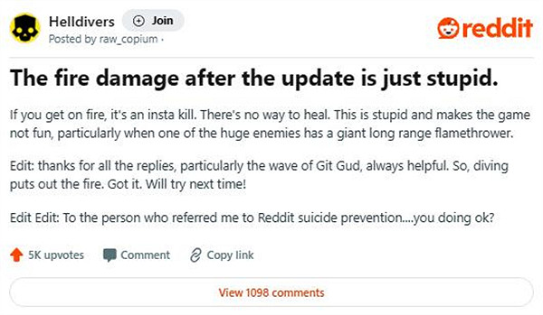 《絕地戰兵2》玩家吐槽最新調整：火焰傷害很不合理