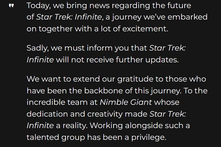 發售還沒6個月！《星際爭霸戰：無限》官方確認不再更新