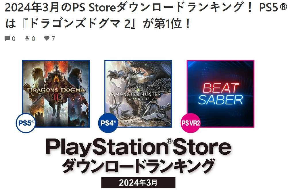 日本PS商店3月下載榜出爐：《龍之信條2》強勢登頂！