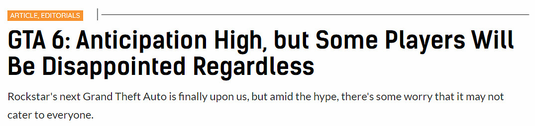 外媒觀點：《GTA6》可能無法滿足所有玩家的需求