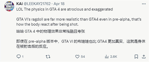 博主認為《GTA6》布娃娃效果不如《GTA4》遭玩家反對