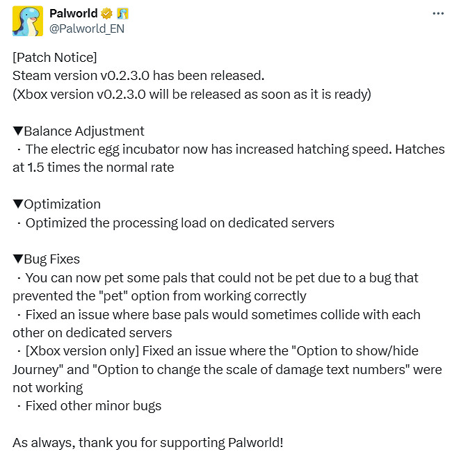 《幻獸帕魯》新版本更新:電能帕魯蛋孵化器加快1.5倍 《幻獸帕魯》新版本更新:電能帕魯蛋孵化器加快1.5倍