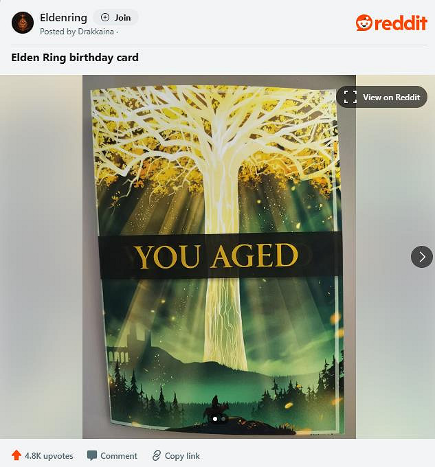 《艾爾登法環》玩家炫耀生日賀卡：附有角色統計資料
