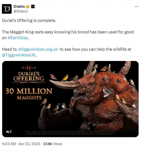 為紀念世界地球日!暴雪捐贈三千萬只蛆蟲用於救治鳥類 為紀念世界地球日!暴雪捐贈三千萬只蛆蟲用於救治鳥類