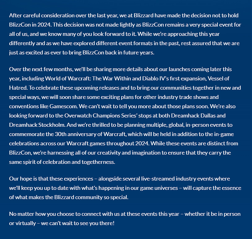 裁員裁到動脈？暴雪宣布今年不舉辦暴雪嘉年華2024！