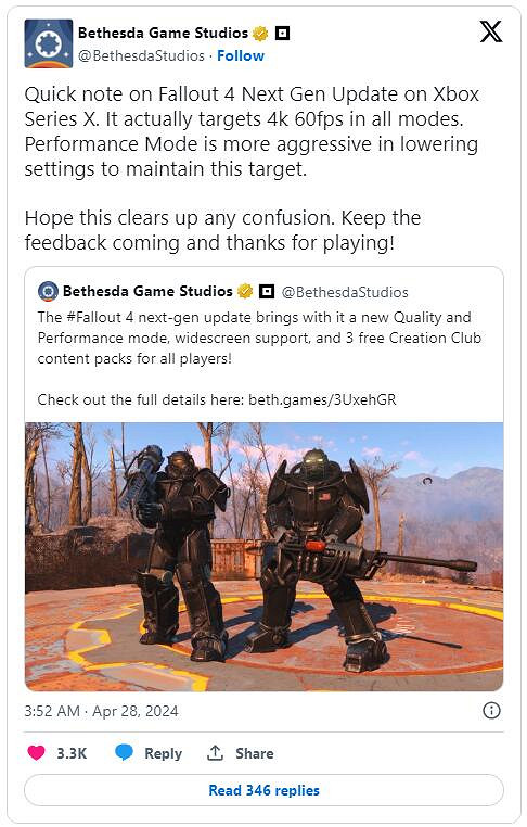 B社：《異塵餘生4》XSX版更新目標是所有模式下4K/60幀！