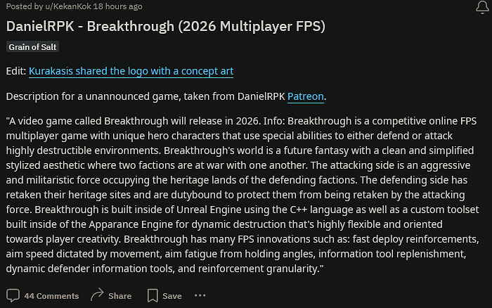 2026年多人FPS新作《Breakthrough》提前洩露
