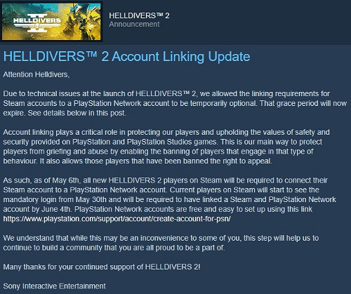 引發不滿!《地獄潛者2》官方強制玩家帳戶綁定PSN 引發不滿!《地獄潛者2》官方強制玩家帳戶綁定PSN
