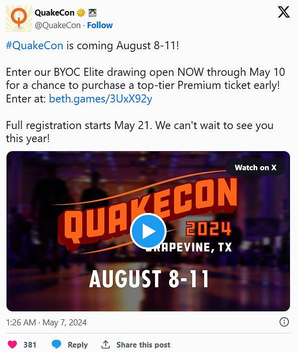 玩家狂歡節Quakecon將於8月8日回歸 註冊5月21日開始