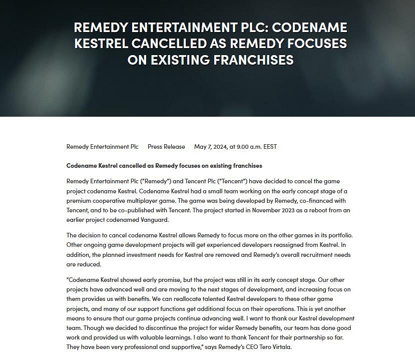 Remedy取消了“Kestrel項目” 將專注於現有遊戲項目 Remedy取消了“Kestrel項目” 將專注於現有遊戲項目