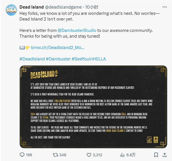 《死亡島2》玩家人數超過700萬！後續還將推出新更新