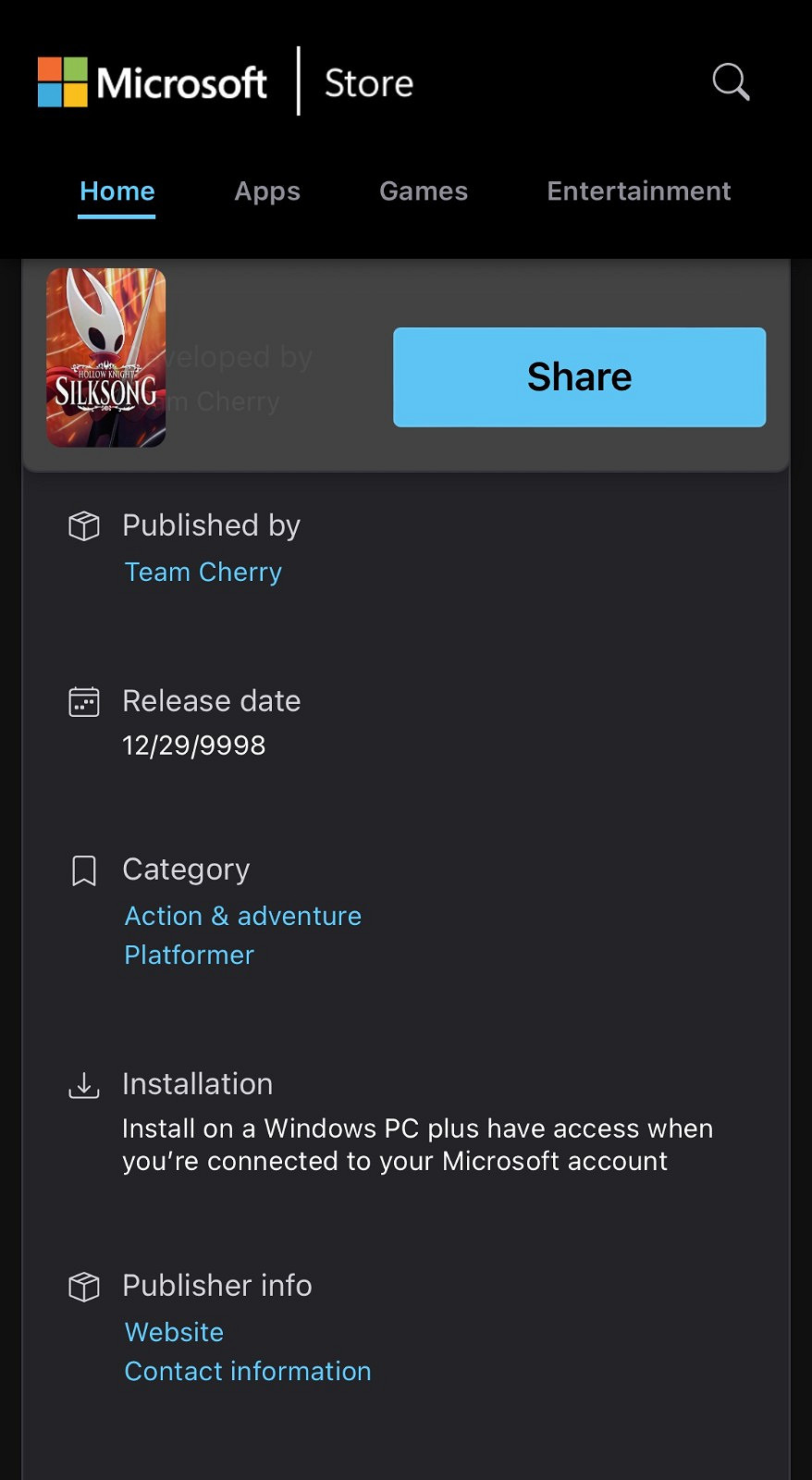 《空洞騎士：絲之歌》微軟商店顯示將於9998年發售?