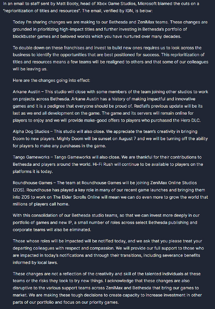 微軟宣布大規模重組：貝塞斯達旗下多個工作室遭關閉