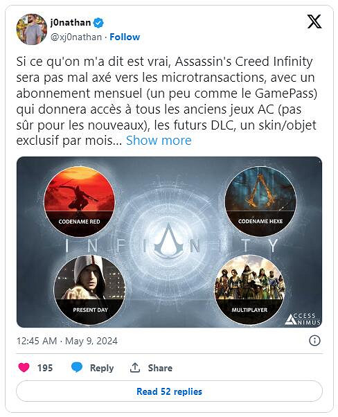 曝《刺客教條:無限》包含月度訂閱服務：可玩老遊戲等