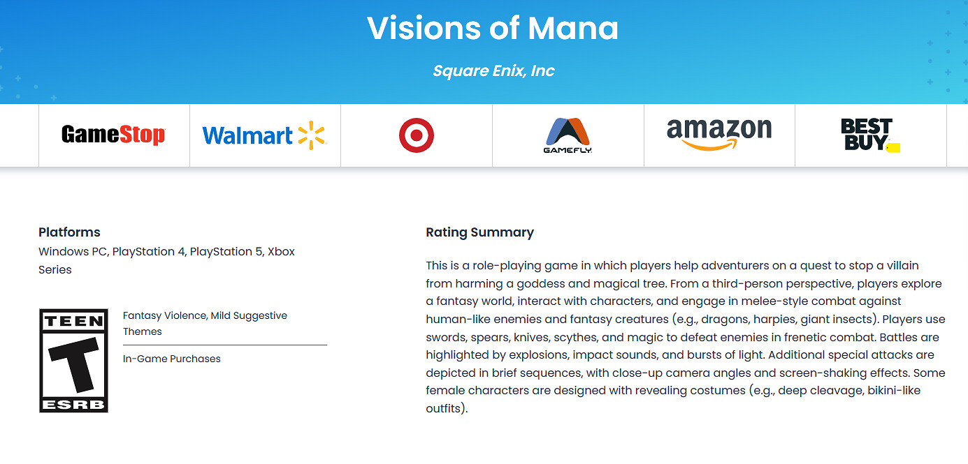 《聖劍傳說》新作ESRB評為T級：包含暴力、輕度性暗示