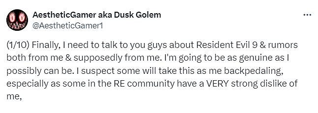 爆料人Dusk Golem澄清《惡靈古堡9》部分傳聞：已經過時 並不準確