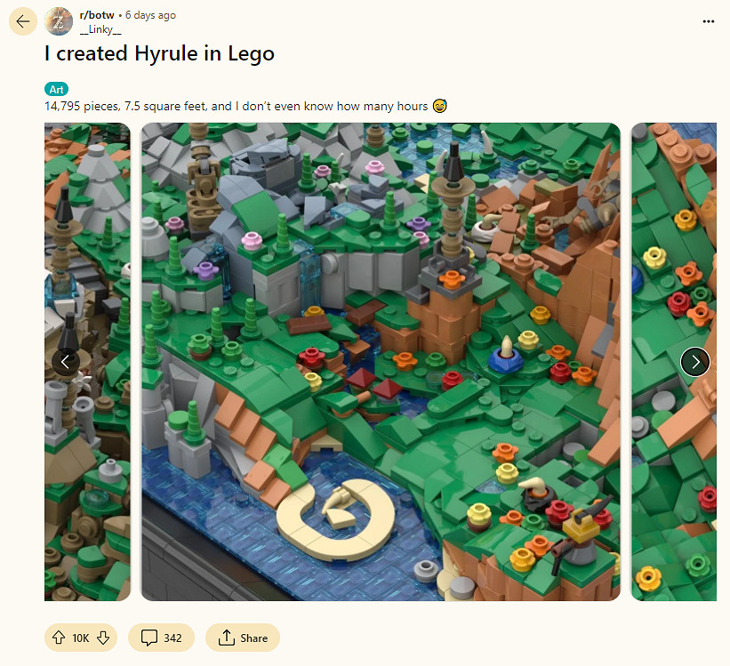 《塞爾達》玩家用樂高積木搭建海拉魯地圖：近1.5萬塊