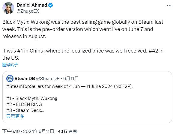 《黑神話:悟空》上Steam中國周銷榜首 價格符合預期 《黑神話:悟空》上Steam中國周銷榜首 價格符合預期