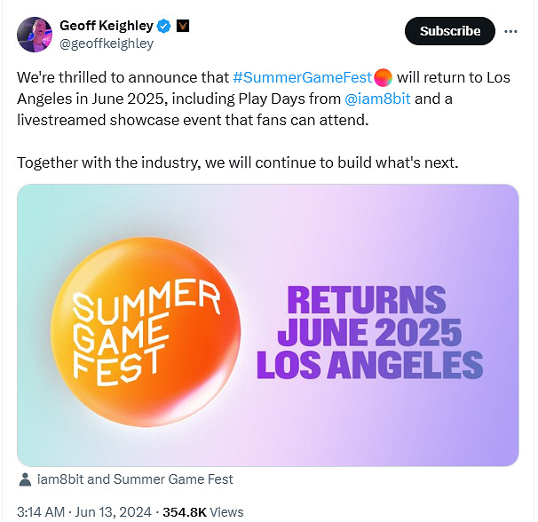 主持人確認:2025夏日遊戲節將在明年6月的洛杉磯舉行 主持人確認:2025夏日遊戲節將在明年6月的洛杉磯舉行