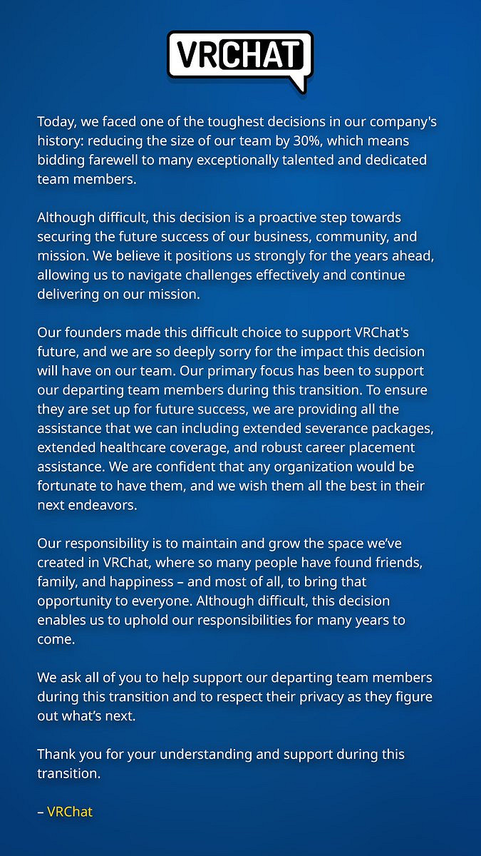 虛擬社交遊戲《VRChat》招人超過公司能力大規模裁員