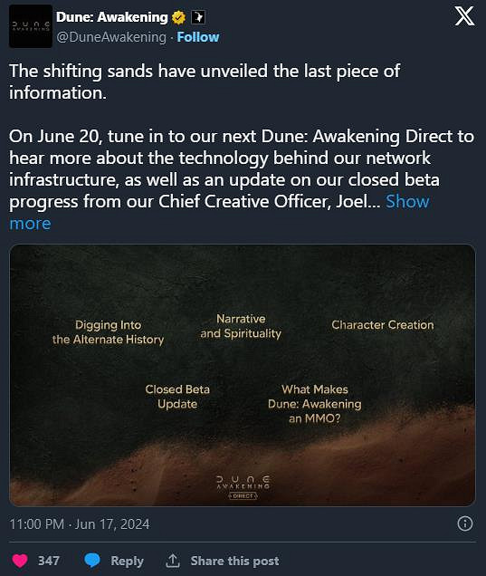 《沙丘：覺醒》宣布“下一場直面會”將於6月20日舉辦