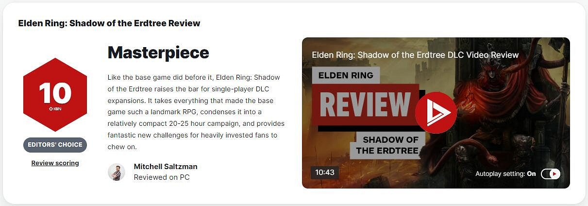 《艾爾登法環》DLC“黃金樹幽影”IGN評分：滿分10分