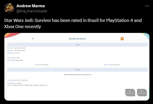 要來了?PS4/XB1版《星際大戰絕地:倖存者》巴西評級 要來了?PS4/XB1版《星際大戰絕地:倖存者》巴西評級