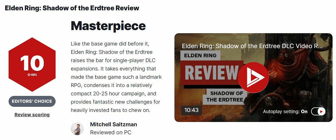 《艾爾登法環》黃金樹幽影IGN評分分享 《艾爾登法環》黃金樹幽影IGN評分分享