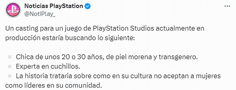 索尼為PlayStation新作尋找演員：跨性別黑女 刀具專家