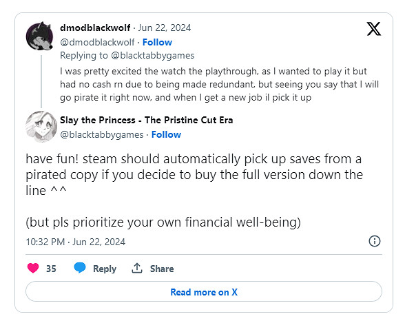 《殺死公主》官方再次建議玩家可以先體驗盜版內容