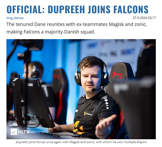 《csgo》dupreeh官宣加入Falcons消息介紹 《csgo》dupreeh官宣加入Falcons消息介紹