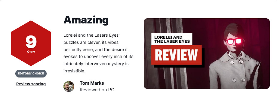 《羅蕾萊與雷射眼》IGN 9分:謎題巧妙 氛圍恰到好處! 《羅蕾萊與雷射眼》IGN 9分:謎題巧妙 氛圍恰到好處!