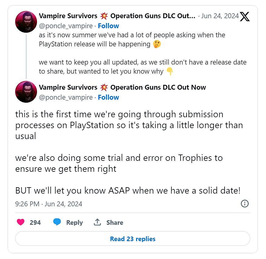 《吸血鬼倖存者》解釋為何未公布PS版發售日 《吸血鬼倖存者》解釋為何未公布PS版發售日