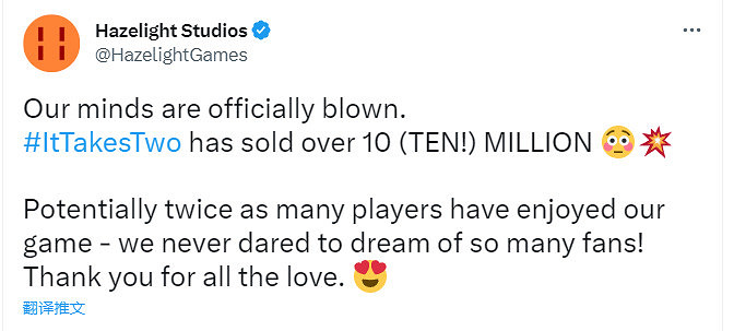 《雙人成行》銷量超過1000萬套 《雙人成行》銷量超過1000萬套