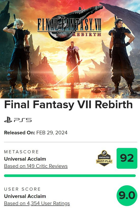 年度最佳預定!《FF7重生》仍是2024年M站評分最高 年度最佳預定!《FF7重生》仍是2024年M站評分最高