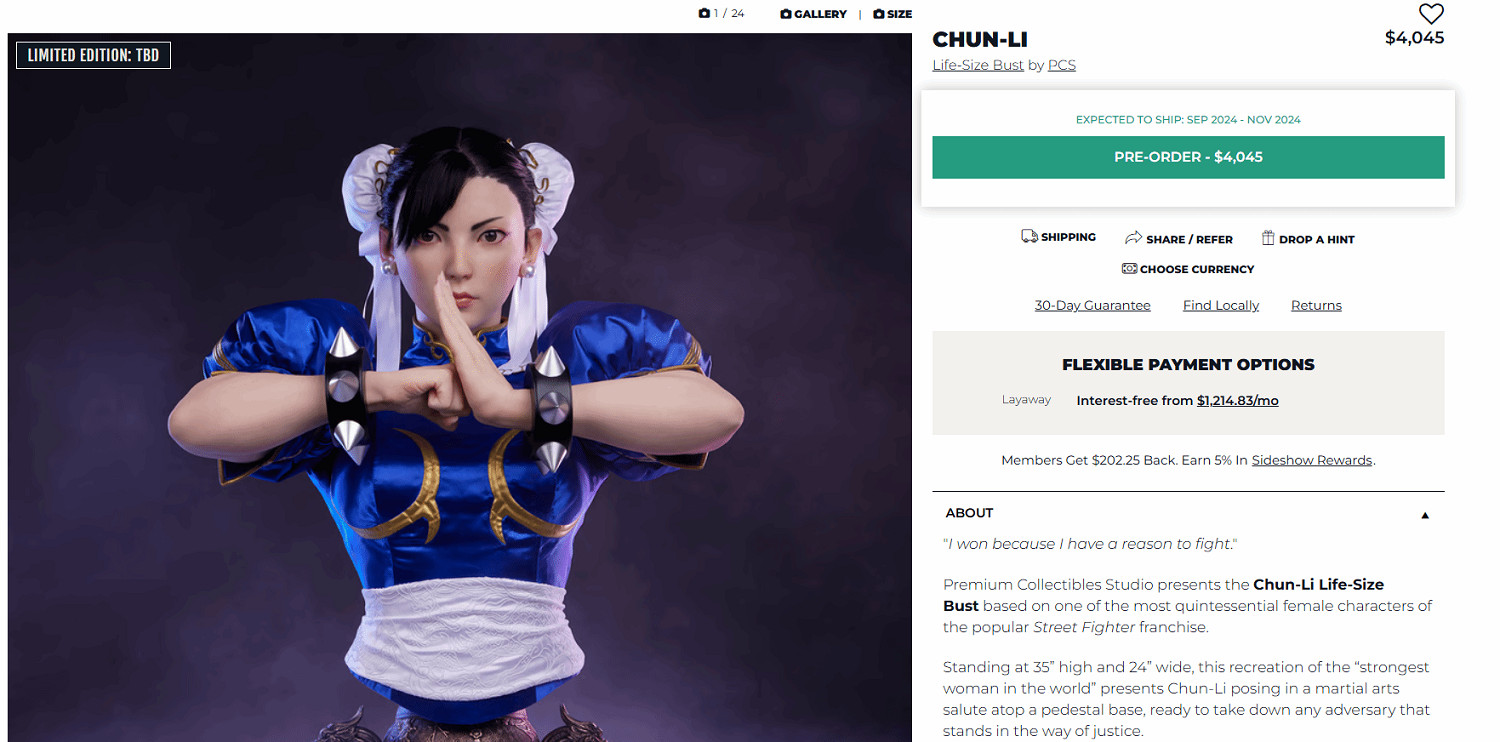 太逼真了！《快打旋風》春麗1:1真人比例半身像開啟預定