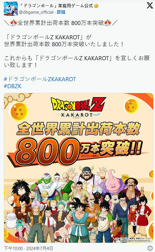 《七龍珠Z卡卡洛特》全球累計出貨套數突破800萬套 《七龍珠Z卡卡洛特》全球累計出貨套數突破800萬套