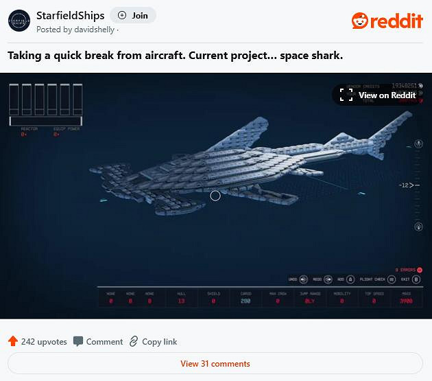 為了測試造船功能極限!《星空》玩家自製巨大鯊魚船 為了測試造船功能極限!《星空》玩家自製巨大鯊魚船