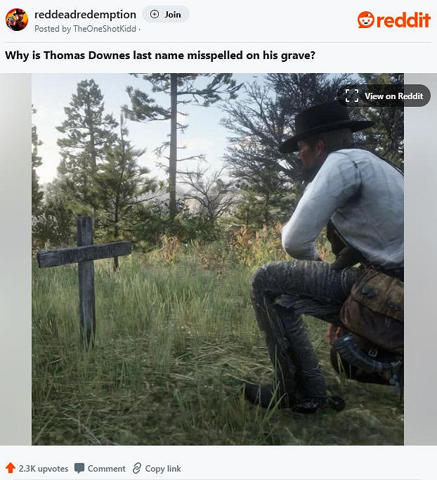 是故意的?《大鏢客2》玩家發現墓碑拚寫錯誤引爭議 是故意的?《大鏢客2》玩家發現墓碑拚寫錯誤引爭議