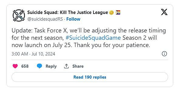 《自殺突擊隊》第二賽季延期至7月25日 推遲原因未說明 《自殺突擊隊》第二賽季延期至7月25日 推遲原因未說明