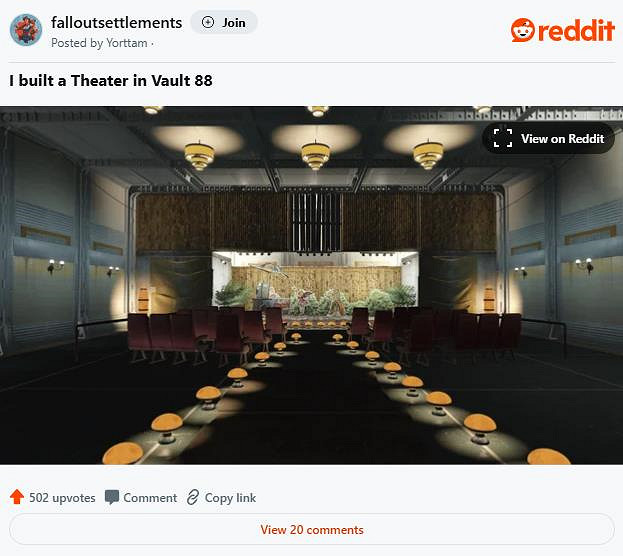 腦洞大開！《異塵餘生4》玩家在88號避難所建造“劇院”