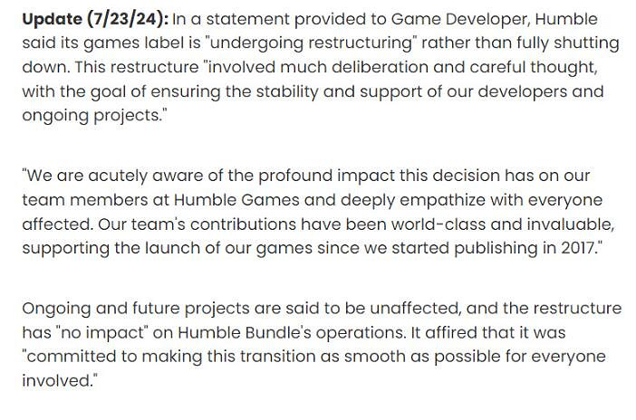 Humble Games重大重組，承諾遊戲營運與開發不受影響