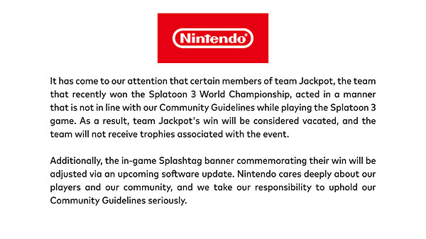 因成員不當言論 任天堂撤銷斯普拉遁3世錦賽冠軍成績