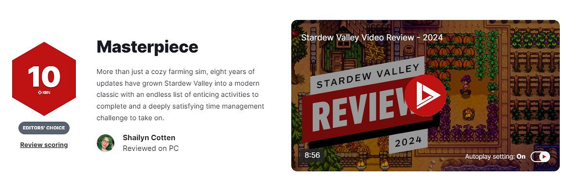 IGN更新《星露谷物語》1.6版本評分 打出10分滿分評價 IGN更新《星露谷物語》1.6版本評分 打出10分滿分評價