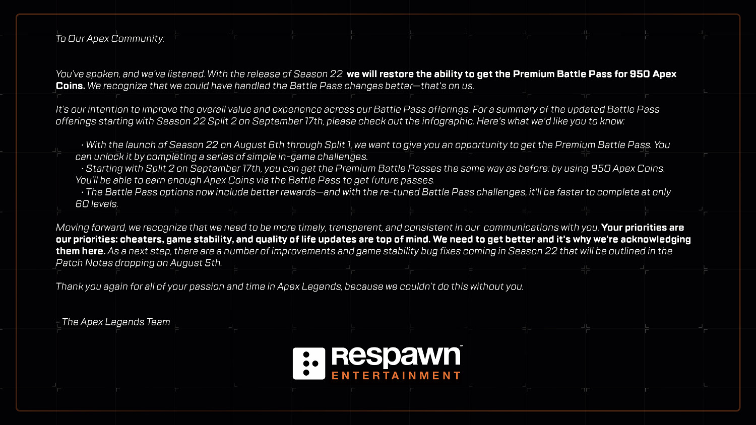 《Apex英雄》官方發文致歉:不再強制逼氪通行證了! 《Apex英雄》官方發文致歉:不再強制逼氪通行證了!