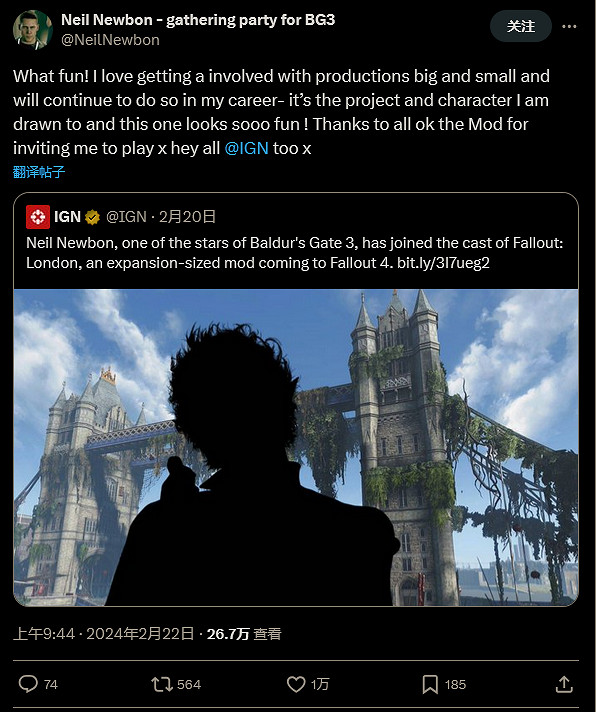 《柏德之門3》阿斯代倫配音想參演B社作品:真的很愛《輻射》 《柏德之門3》阿斯代倫配音想參演B社作品:真的很愛《輻射》