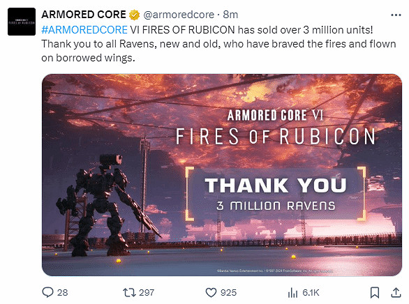 《機戰傭兵6》銷量突破300萬份 官方發文感謝玩家! 《機戰傭兵6》銷量突破300萬份 官方發文感謝玩家!